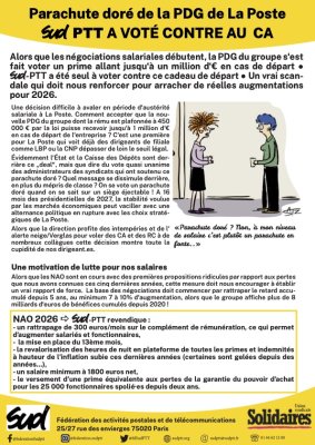 Parachute doré de la PDG de La Poste SUPTT A VOTÉ CONTRE AU CA