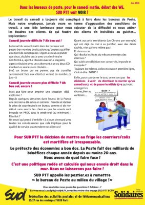 Dans les bureaux de poste, pour le samedi matin, début des WE, SUD PTT voit NOIR !