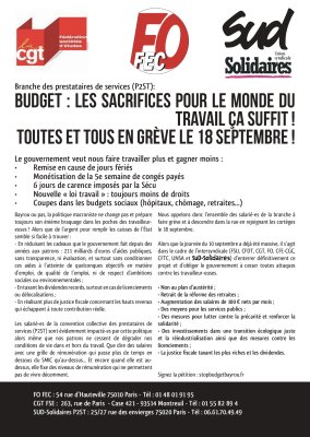 Budget : les sacrifices pour le monde du travail ça suffit ! TouTes et tous en grève le 18 septembre !