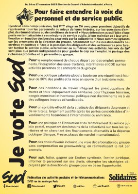 Pour faire entendre la voix du personnel et du service public, je vote SUD PTT