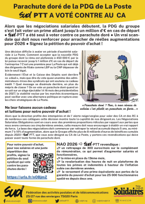 Parachute doré de la PDG de La Poste SUPTT A VOTÉ CONTRE AU CA