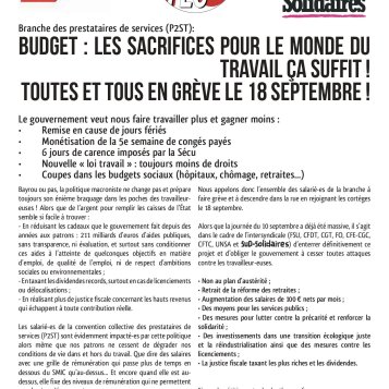 Budget : les sacrifices pour le monde du travail ça suffit ! TouTes et tous en grève le 18 septembre !