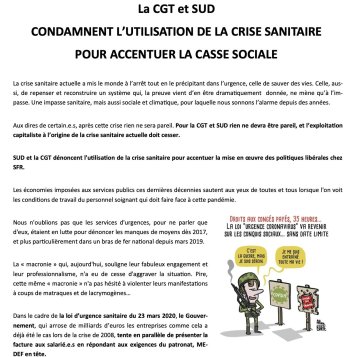 La CGT et SUD CONDAMNENT L'UTILISATION DE LA CRISE SANITAIRE POUR ACCENTUER LA CASSE SOCIALE