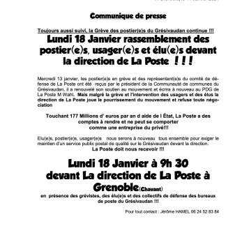 Grenoble : lundi 18 Janvier rassemblement des postier(e)s, usager(e)s et élu(e)s devant la direction de La Poste !!!