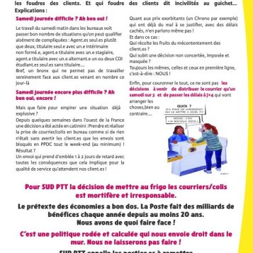 Dans les bureaux de poste, pour le samedi matin, début des WE, SUD PTT voit NOIR !
