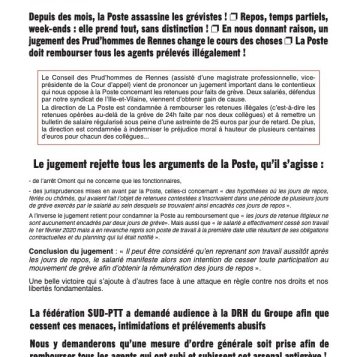 Retenues illégales pour fait de grève : La Poste est condamnée, elle doit rembourser !