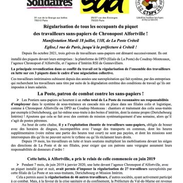 Régularisation de tous les occupants du piquet des travailleurs sans-papiers de Chronopost Alfortville !