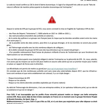 Endettement du groupe Altice et risque de démantèlement de SFR, qu'attend le CSE pour déclencher le droit d'alerte économique ?