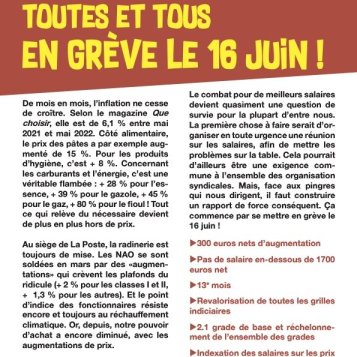 L'infLation accélère et nos salaires stagnent Juin 2022 Il y a urgence, il faut agir ! Toutes et tous en grève le 16 juin !