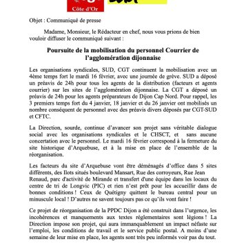Poursuite de la mobilisation du personnel Courrier de l'agglomération dijonnaise