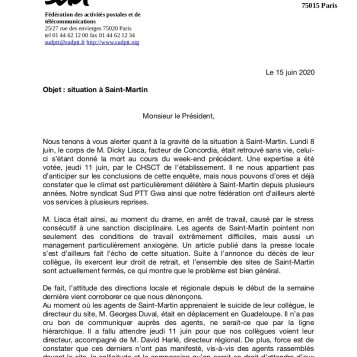 Suicide à Saint-Martin : lettre de la fédération à la direction.