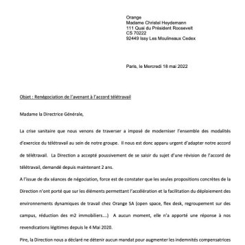 Orange - Courrier intersyndical sur le télétravail