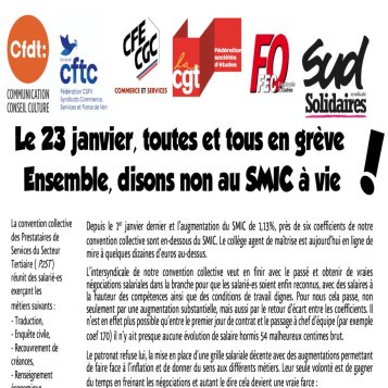 P2ST : Le 23 janvier, toutes et tous en grève - Ensemble, disons non au SMIC à vie !