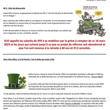 49.3, déni de démocratie Chez Altice, à la St Patrick, c'est la dette qui coule à flot.