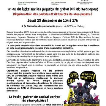 Un an de lutte sur les piquets de grève DPD et Chronopost Régularisation des postiers et de tou⋅tes les sans-papiers !