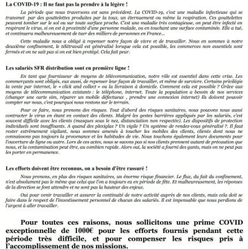 DEMANDE D'UNE PRIME COVID CHEZ SFR DISTRIBUTION 